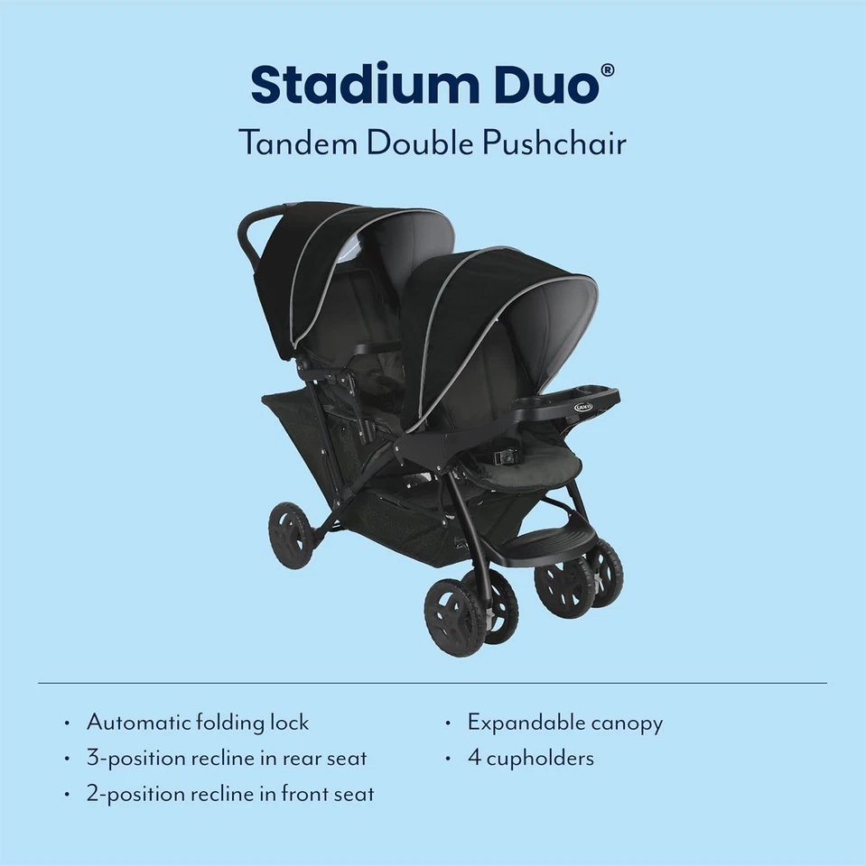 Graco Stadium Duo Click Connect Tandem Double Pushchair/Stroller, Car Seat Comp - Image 2 of 4