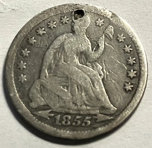 elf Seated Liberty Half Dime 1855 Arrows at Date Stars Drapery at Elbow