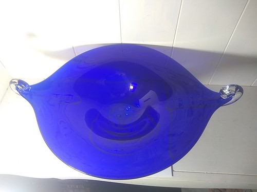 Hand Blown Cobalt Blue Glass Pedestal Centerpiece Bowl Dish Clear Glass Handles - Picture 2 of 9