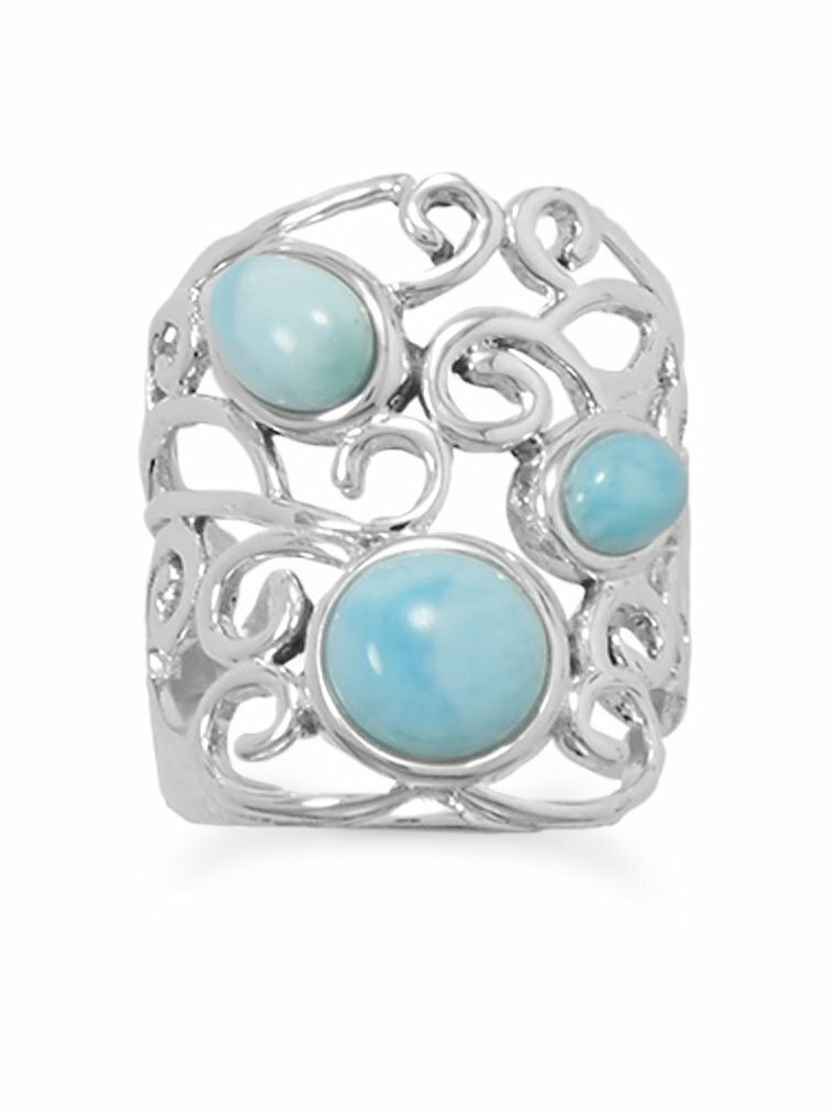 Larimar Ring Atlantis Stone Sterling Silver Wave Scroll Filigree Design Larimar Ring Atlantis Stone Sterling Silver Wave Scroll Filigree Design