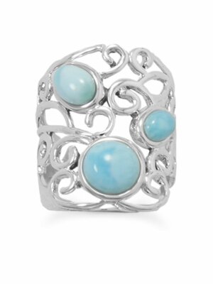 Larimar Ring Atlantis Stone Sterling Silver Wave Scroll Filigree Design Larimar Ring Atlantis Stone Sterling Silver Wave Scroll Filigree Design