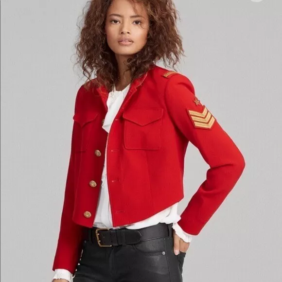 POLO RALPH LAUREN Red Gold Tone Military Style Peplum Blazer