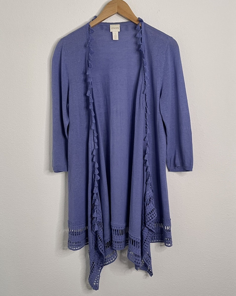 Chicos Women's Purple Linen Blend Open Cardigan Duster Lace and Fringe  Detail - Main Image