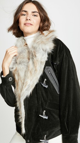 $348 Free People Windy City Dark Grey Cordurouy Faux Fur Coat Jacket M (L) NWT - Picture 2 of 12