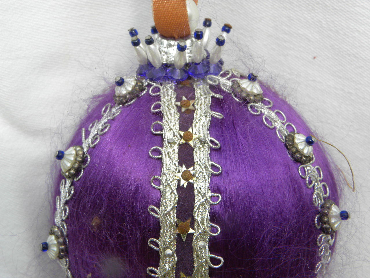 Vint Handmade Purple Satin, Silver Lace, Purple & White Bead Christmas