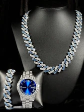Blue Watch Simulated Diamond Luxury Iced Cuban Chain Hip Hop Necklace Bracelet