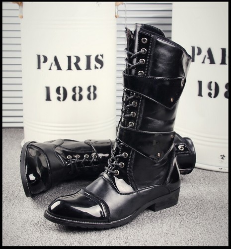 Men's Classic British Style Lace Up Pointy Toe Mid-Calf Biker Boots Side Zipper - Picture 2 of 15