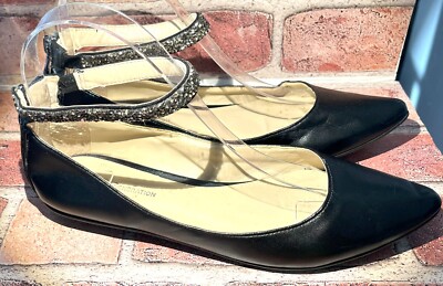 BCBGeneration BLACK  RHINESTONE ANKLE STRAP POINTED TOE FLATS 6.5B ZUPINO