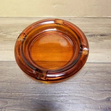 Vintage - 8" Large Round Dark Amber Glass Cigar/Cigarette Heavy Ashtray, 4 Slots