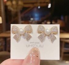 Beautiful White Pearl Bow Earrings Gold Stud Diamond Charm For  Women & Girls