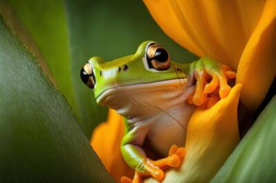Auf einer Blume ein weißlippiger Laubfrosch (200180027)