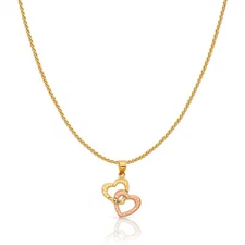 14K Two Tone Gold Double Hanging Heart Charm Pendant &0.9mm Wheat Chain Necklace
