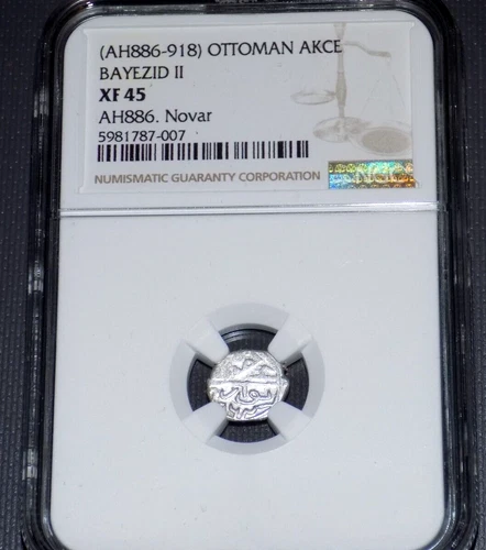 NGC OTTOMAN AKCE BAYEZID II AH886-918 XF 45 XF45 Medieval Serbia Novar Coin