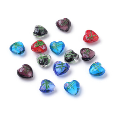 100 Stck. Silberfolie Lampwork Perlen Herz mit Blumenmuster gemischte Farben