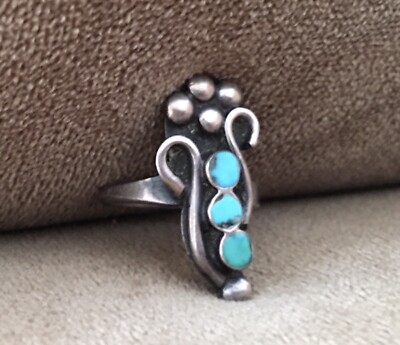 SALE Vintage alter Ring Sterlingsilber Türkis Punkte Blumen Füllhorn Größe 4,5