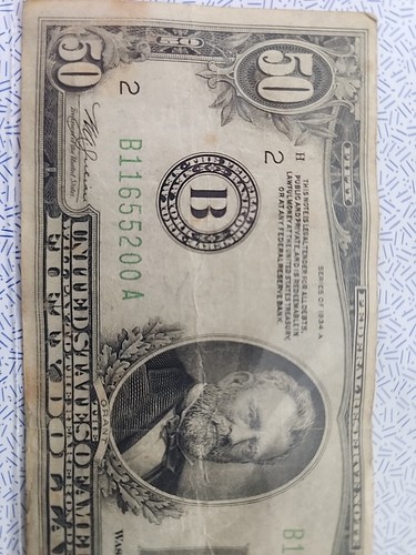 1934 $50 Dollar Bill Federal Reserve Note B11655200 A - Picture 3 of 5