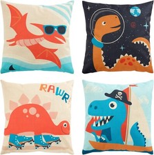 4 Pack Dinosaur Decorative Kids Throw Pillow Cover, 4 Dinosaur Designs, 18x18 in