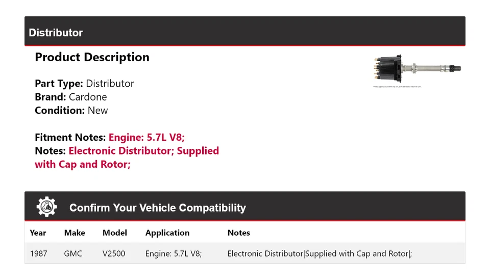 For 1987 GMC V2500 5.7L V8 Distributor Cardone - Image 2 of 4