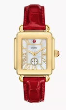 Michele Women's Deco Sport Mid Gold Plated Ruby Red Leather Watch MWW06H000005