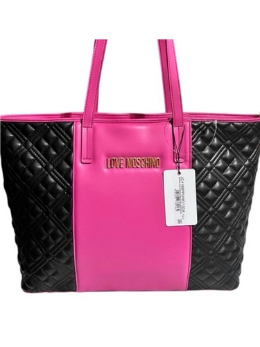 Love Moschino Pink Black Quilted Oversized Statement Tote Bag Gold Logo - NWT