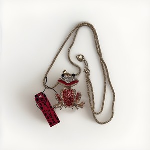 Authentic Betsey Johnson Frog Pendant Necklace Gold Plated Pavé Rhinestone Head & Arm Move