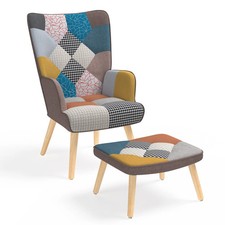 Fauteuil scandinave IVAR avec repose pieds en tissu patchwork multicouleurs