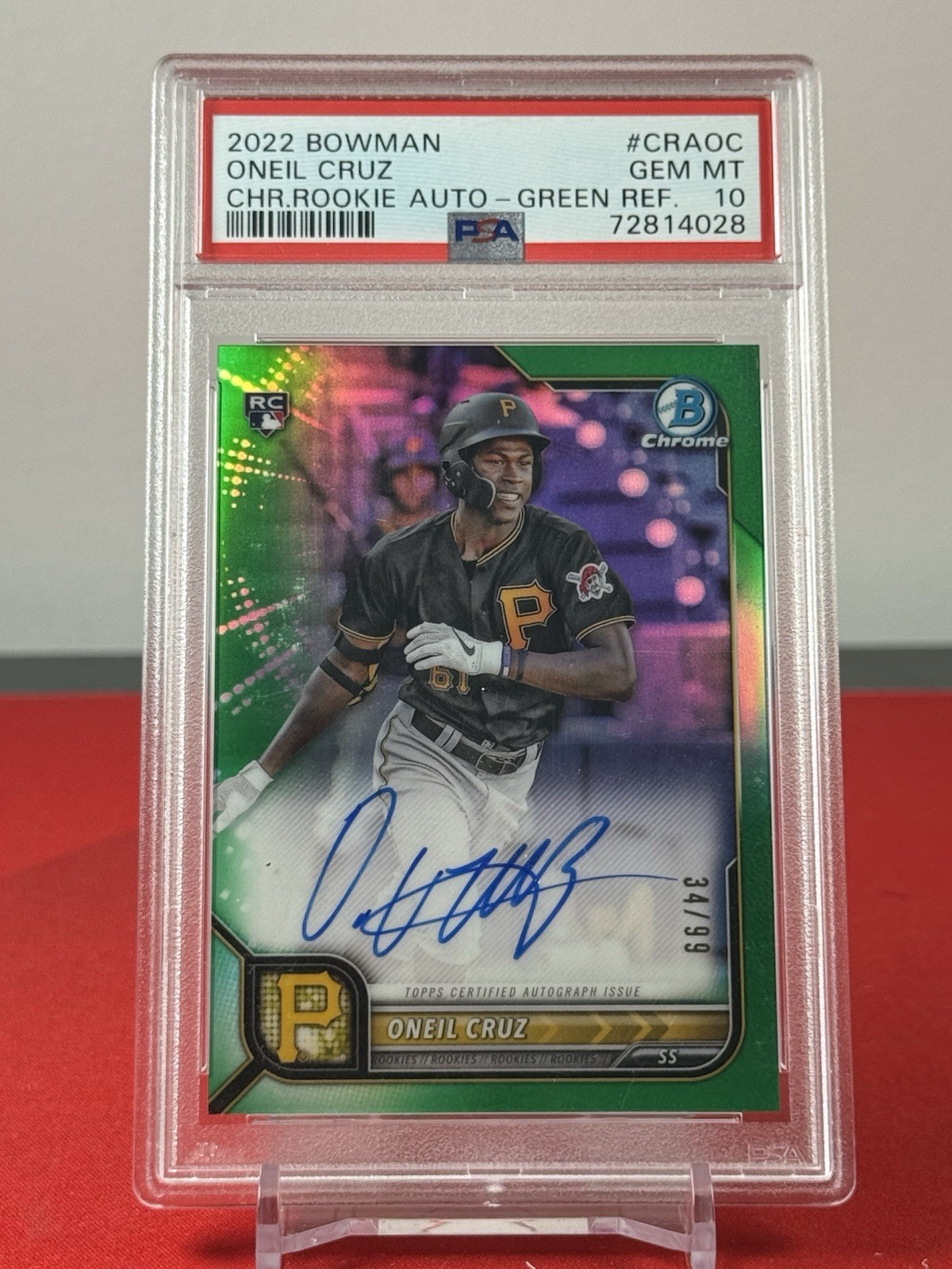 Oneil Cruz 2022 Bowman Chrome Rookie Auto Green Refractor /99 PSA 10