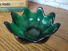 Blenko Vintage Art Glass Lotus Bowl, Emerald  Green Handmade MCM