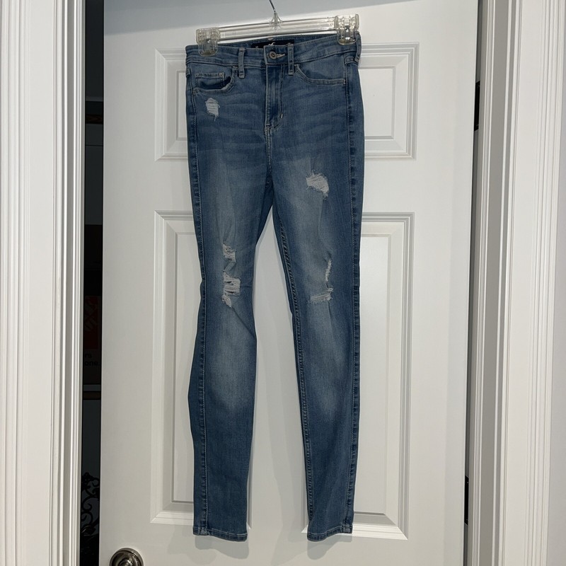 Hollister Womens Jean Blue Super Skinny High Rise Ripped Pockets Logo Size 1S