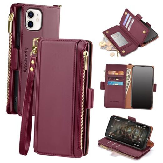 Antsturdy Premium RFID Blocking PU Leather Wallet Case for iPhone 11 in Stylish Wine Red with Card Slots