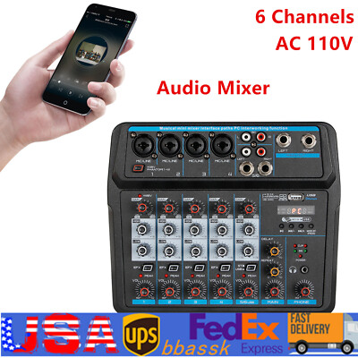 6Channel Live Audio Mixer Bluetooth USB DJ Sound Mixing Console Amplifier Studio