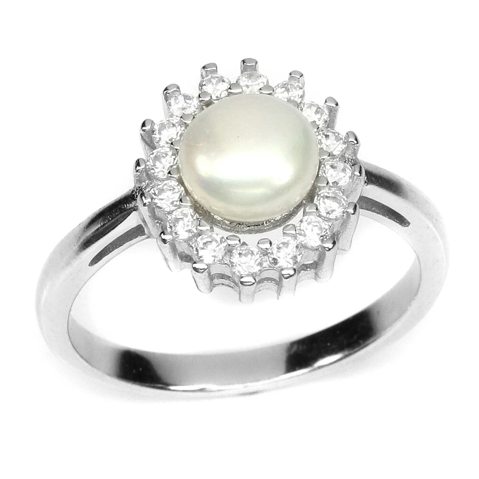 Anillo redondo de plata de ley 925 con perlas blancas de 7 mm circonita simulada blanca Foto 3 de 4