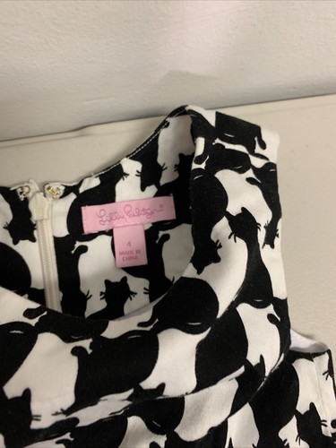 Lilly Pulitzer Girls Dress Size 4 Cat Print Black & White Black Bow Sleeveless - Picture 2 of 5