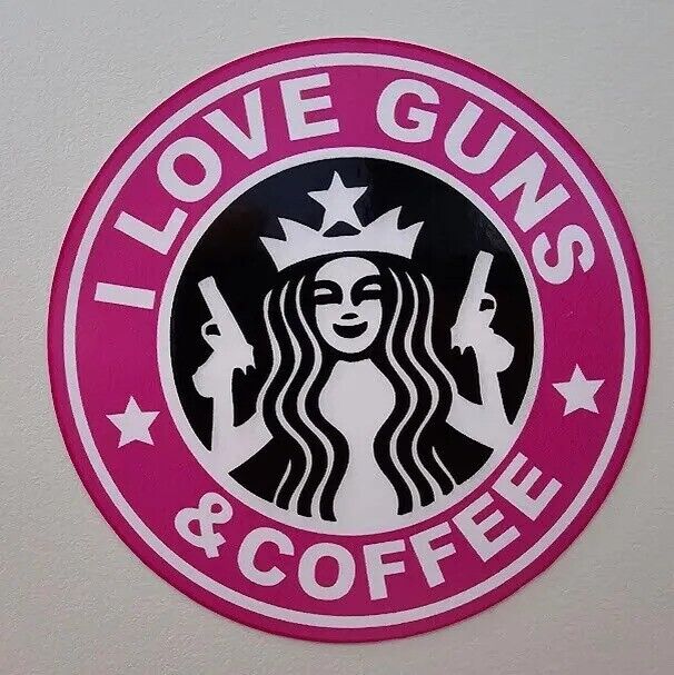 I Love Guns And Coffee Pink Vinyl Decal 3 inch Round Fits YETI AR-15 9mm 5.56