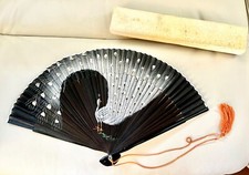 All original vintage black silk hand painted peacock Japanese fan in box
