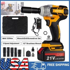 520N.m Cordless Brushless Impact Wrench 21V 1/2" Drill w/ 1 Battery & Charger US