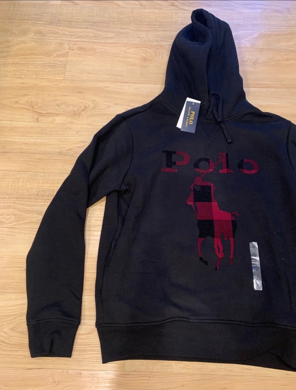 Polo Ralph Lauren Uomo Plaid Big Pony Fleece Pullover Felpa con Cappuccio Nero Nuovo con etichette S