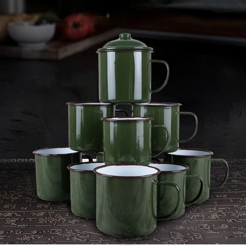 Armygreen Enamel Mug Vintage Travel Camping Tea Cup with Lid Drinkware - Imagen 5 de 7