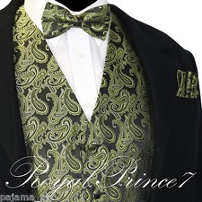 Olive Green Paisley Tuxedo Suit Dress Vest Waistcoat  Bow tie And Hankie Set
