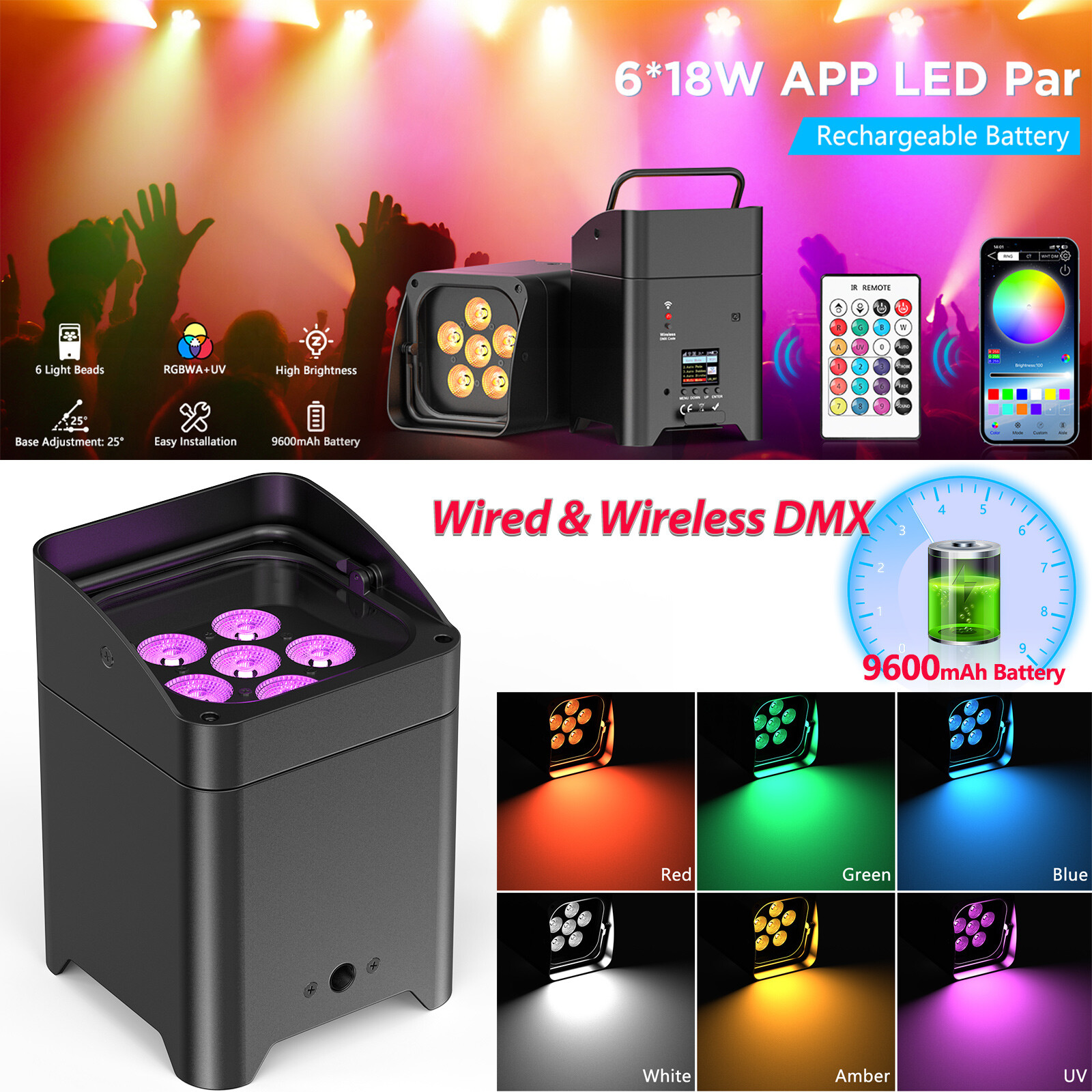 APP+WiFi Wireless Battery RGBWA+UV 6LED Par Can Light DMX Stage DJ Disco Uplight