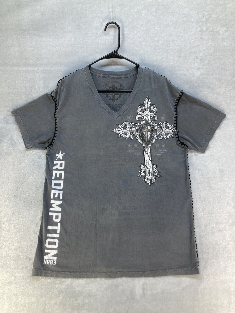 Raw State Men's Gray Short Sleeve Cross Stitched V-Neck Y2K Raw State Men's Gray Short Sleeve Cross Stitched V-Neck Y2K