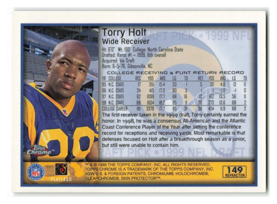 Torry Holt 1999 Topps Chrome Refractor Rookie SP #149-RAMS - Image 2 of 2