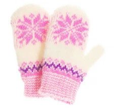 Pink Snowflake Kids Wool Mittens 2-3 Years Handmade Knit Girls Mittens