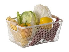 Basicwise Metal Mesh Basket w/Wood Handle Medium White 