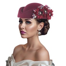 Womens Church Hat w/Artificial Flower Rhinestone Soft Felt Beret Cap Bridal Cap