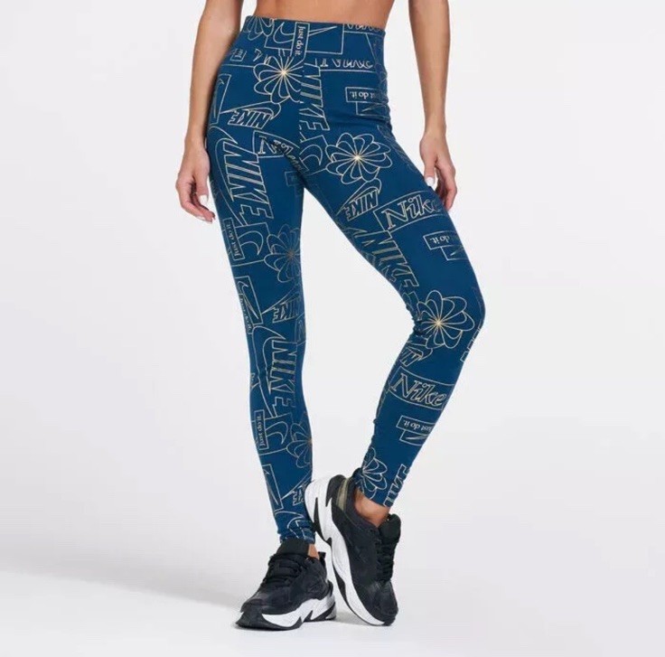 Nike Women Icon Clash Teal/Metall Gold AOP Print Hi Rise Leggings Size S