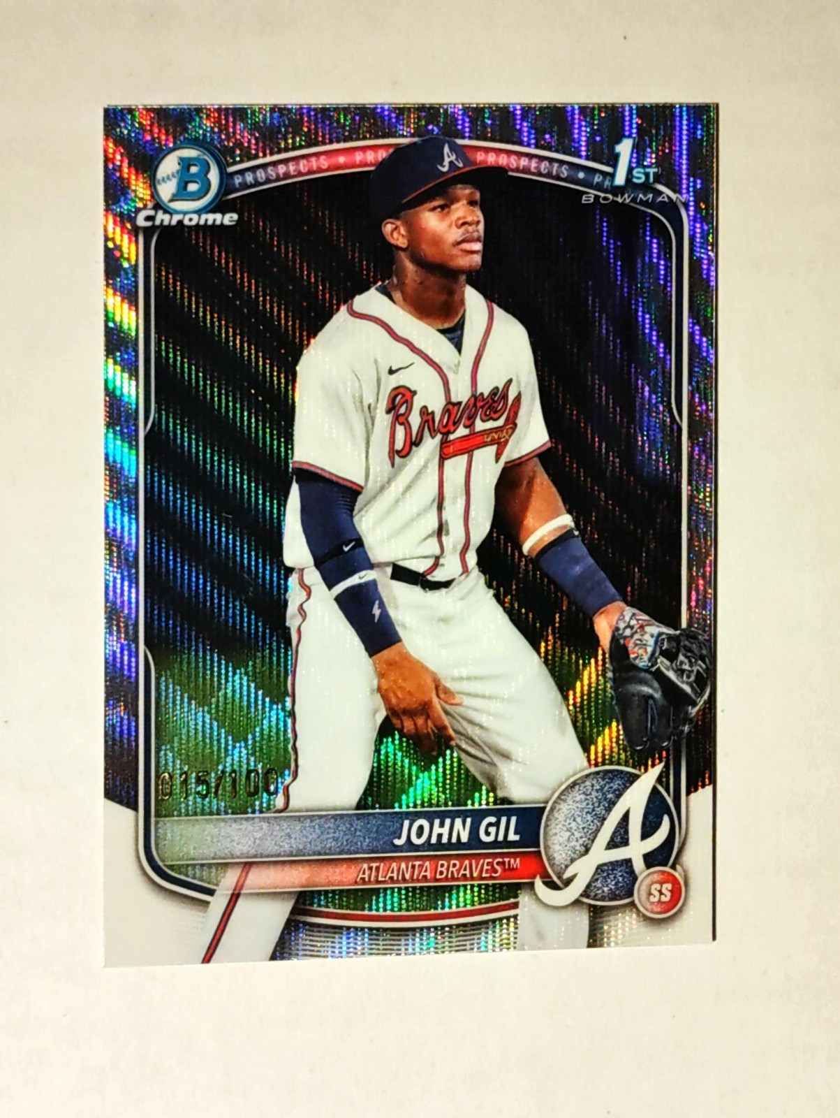 John Gil 2025 1st Bowman Chrome #BCP-172 Prospect WAVE REFRACTOR 015/100 RC E6