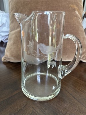 Vintage Hand Blown Glass Martini Cocktail Pitcher w/ Glass Stir Stick Ice Lip