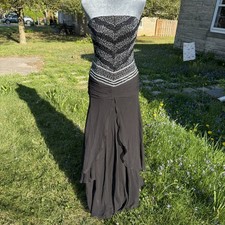 VTG Alyce Designs Y2K Black Sequin Beaded Silk Gown Prom Pageant 8 Basque Waist