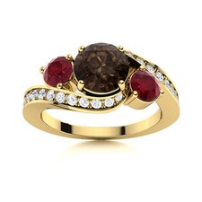 925 Sterling Silver Gold Plated Three Stone 5MM Round Smoky Quartz  Ruby Ring